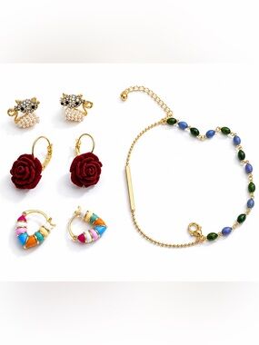 Mixed Jewelry Bundle – Gold Tone Earrings & Beaded Bracelet – 4-Piece Set